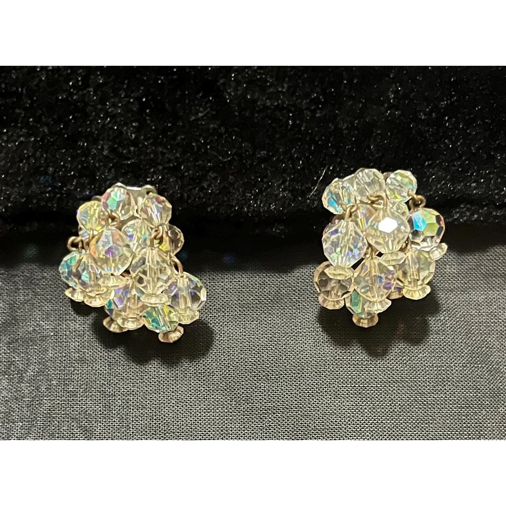 Vintage Laguna Clear AB Crystal Bead Glam Statement Climber Clip On Earrings